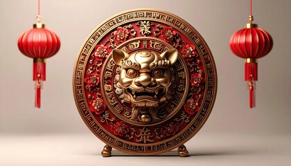 Ornate Chinese New Year Decoration with Lion and Lanterns.