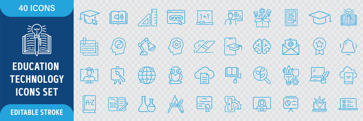 Education Technology Line Icon Set. E-Learning, Online Education, Digital Classroom, EdTech, Knowledge, Study and Training Icons. Editable Outline Stroke. Vector Illustration