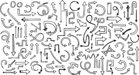 A large collection of hand-drawn doodle arrows in various styles, directions, and shapes, sketched in black and white.