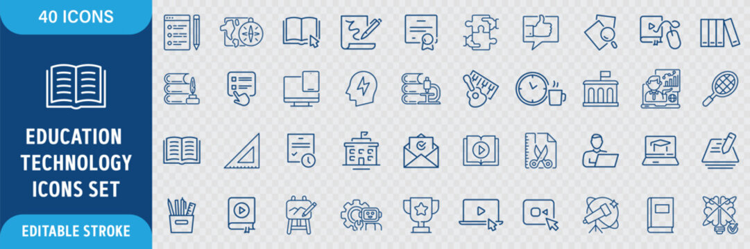 Education Technology Line Icon Set. E-Learning, Online Education, Digital Classroom, EdTech, Knowledge, Study and Training Icons. Editable Outline Stroke. Vector Illustration
