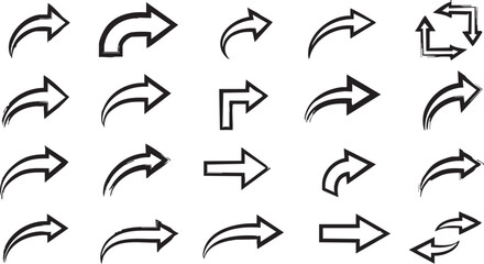 A collection of various black arrow icons and symbols with different designs, directions, and styles for graphic resources.