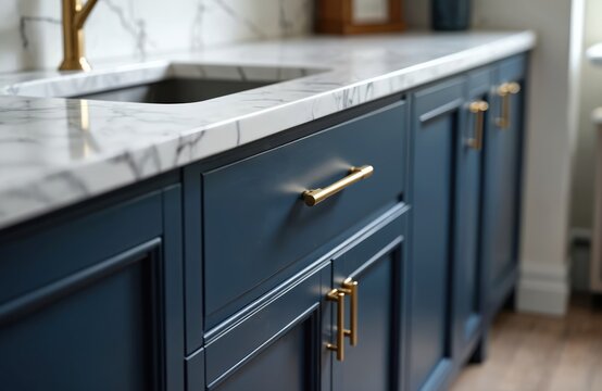Navy blue kitchen cabinets with gold hardware and white marble countertops offer a modern, luxurious feel. The shaker style doors create clean lines. Perfect for home design inspiration.