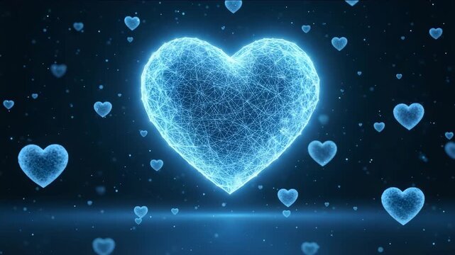 Glowing blue digital heart connection with smaller hearts floating in a dark space