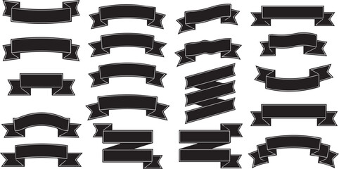 Collection of Black Ribbons and Banners with White Outline