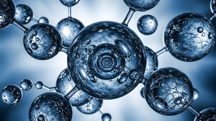 Abstract molecular structure of water H2O, representing scientific concept of chemistry, biology, and clear liquid properties with transparent spheres and connected bonds