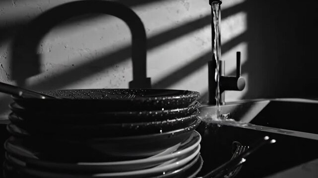 Dramatic Monochrome Cascade Water Splashes Over Dishes In a Kitchen Sink Scene