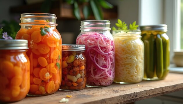 Assorted fermented foods in glass jars on wooden shelf. Pickled carrots, kimchi, sauerkraut, pickles, and other cultured vegetables for gut health and digestion.