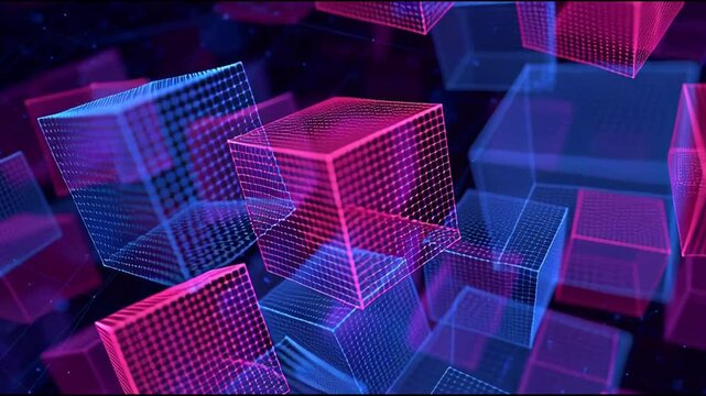 A vibrant and futuristic scene featuring 3D cubes in various shades of pink and blue, set against a dark background with a sense of depth and movement