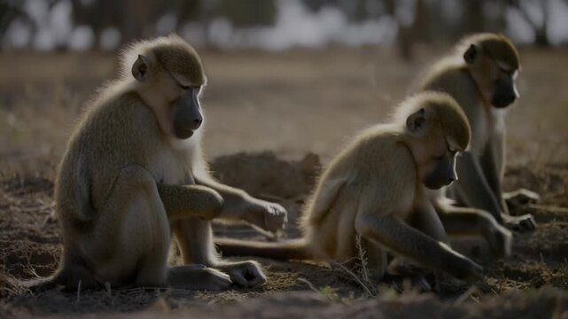 Three baboons sit together, seemingly deep in thought. The image is calm and the natural setting is emphasized Stock Video