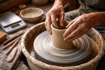 Close-up potter hands shaping clay on spinning wheel in studio, artisan craftsmanship and handmade ceramics process, warm natural light, generative AI
