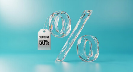 Crystal percent sign and tag with text discount 50% on blue background, representing a sale promotion, discount, or special offer in retail and business
