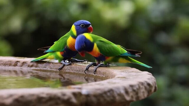 Two vibrant parrots, showcasing colorful plumage, near water. These parrots present a captivating display of natural beauty and interaction near a water source. Stock Video