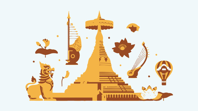 Myanmar Culture Icons: Golden Pagoda, Chinthe Lion, Hot Air Balloon, Lotus Flower