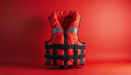 Orange life vest with black straps and buckles is displayed against a gradient red backdrop. High visibility safety gear for water sports and boating activities.