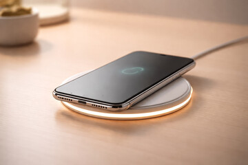Smartphone wirelessly charging on glowing pad, minimal desk setup and modern technology concept, clean close-up product style, generative AI