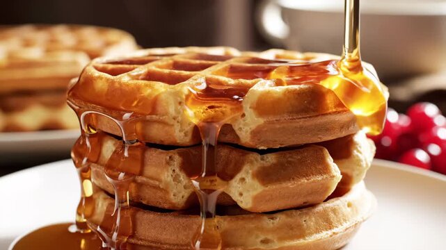 4K Video: Maple syrup pouring over a stack of fresh waffles