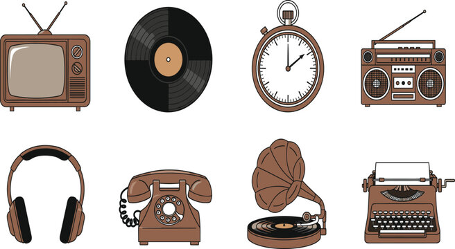 Vector illustration set of vintage brown electronics including a television radio record player gramophone telephone typewriter headphones and stopwatch isolated on white.