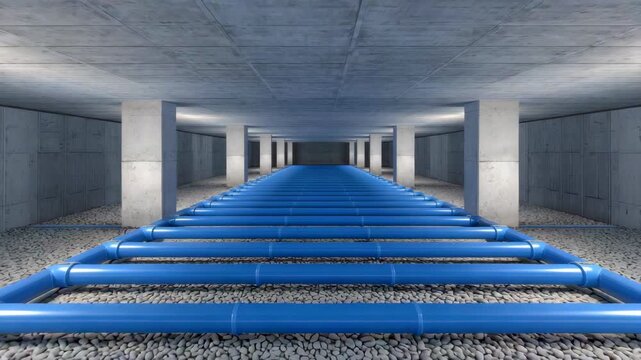 Underground concrete corridor with parallel blue pipelines extending into depth perspective