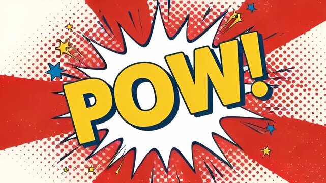 Comic speech bubbles with the word pow bursting on a red background. Cartoon style visual effect for hero stories.
