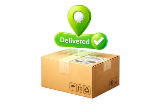 Package delivery confirmation with green checkmark isolated on transparent background