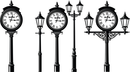 Black and white vector illustration set of vintage outdoor street clocks and ornate lamp posts with Roman numeral dials and decorative ironwork. © MdShakil