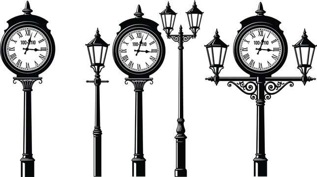 Black and white vector illustration set of vintage outdoor street clocks and ornate lamp posts with Roman numeral dials and decorative ironwork.