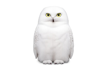 Snowy owl with intense yellow eyes looking at camera, arctic bird of prey on transparent background