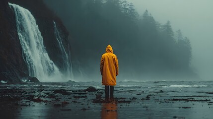 Obraz premium A lone figure in a yellow raincoat stands contemplatively on a dark, wet beach, facing a cascading waterfall beneath a misty forest landscape view.