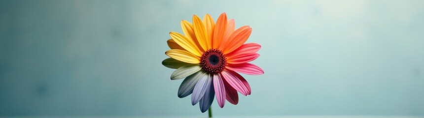Brightly colored flower in a vase on a table against a blue background