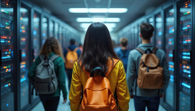 Students explore modern data center hallway with server racks, glowing lights. Young people learn about computer infrastructure, technology systems. Future IT professionals gain practical insights. - Powered by Adobe