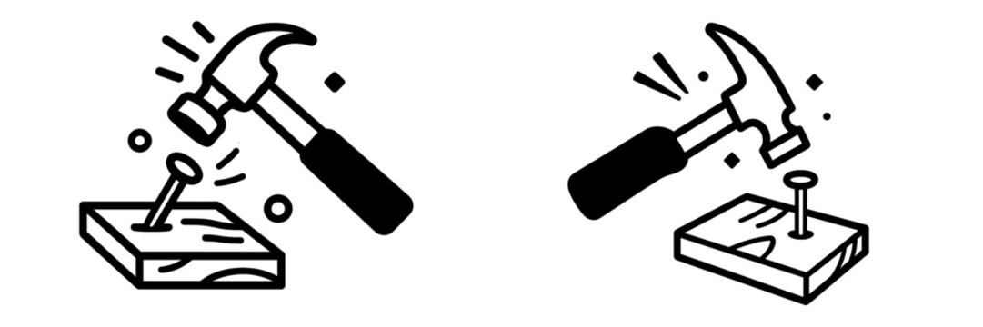 Hammer striking nail on wood in minimalist vector art