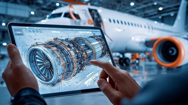 Person viewing aircraft engine design on tablet