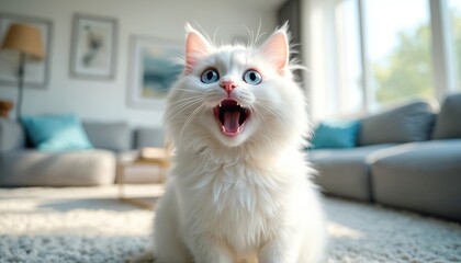 Fluffy white cat with blue eyes opens mouth wide in a cozy, sunlit living room. Adorable feline looks surprised or shocked on a soft rug in a modern home.
