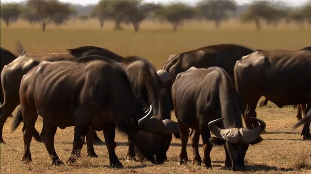A herd of African buffalos grazing peacefully in a dry grassland environment, showcasing their massive size and powerful horns Stock Video