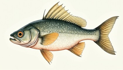 Detailed watercolor illustration of a catfish fish swimming. Realistic aquatic animal art for educational use or restaurant menus. Realistic portrayal of fresh water life for biology study guides.