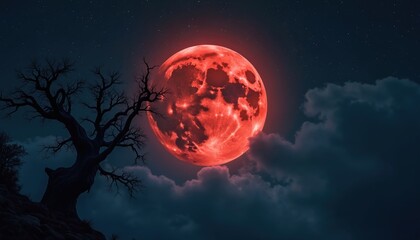 Fiery red moon looms in night sky above dark barren tree. Clouds drift past, stars twinkle. Lunar eclipse or blood moon event on spooky dark planet.