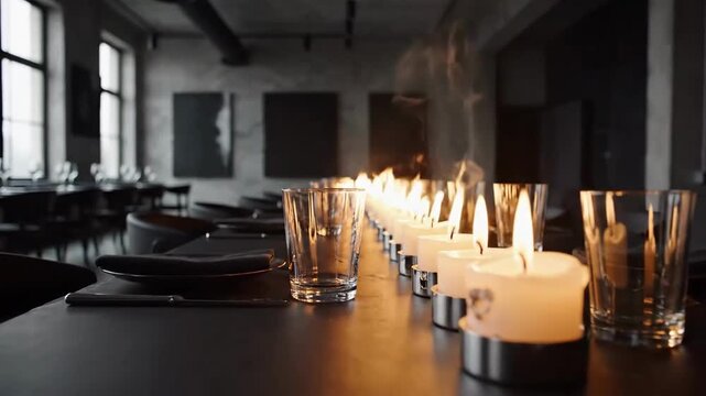 Elegant Dinner Setting Long Table Lit Candles Creates Ambiance At Restaurant
