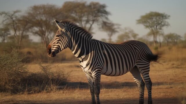 A stunning zebra standing gracefully in a savanna landscape Stock Video