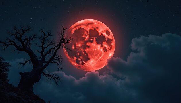 Fiery red moon looms in night sky above dark barren tree. Clouds drift past, stars twinkle. Lunar eclipse or blood moon event on spooky dark planet. - Powered by Adobe