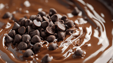 Chocolate chips and melted chocolate create a rich indulgent scene, symbolizing sweetness comfort and culinary delight with smooth textures and warm brown tones