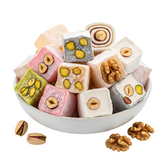Bowl of assorted Turkish delight with nuts and pistachios, transparency and alpha channel file