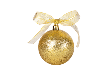 glitter gold christmas ornament with golden ribbon isolate