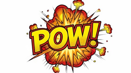 Pop art comic book illustration of an orange and yellow explosion bubble with the word Pow in varying colors for graphic design. - Powered by Adobe