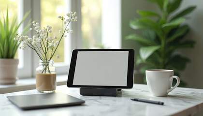 Tablet and coffee cup on marble desk with plants. Laptop and pen nearby. Natural light filters through window. Cozy home office setup for remote work.