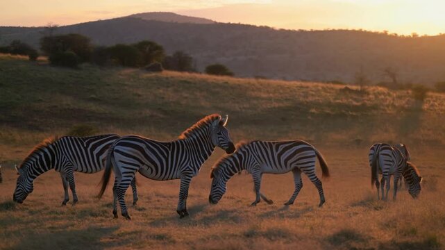 Zebras grazing peacefully in the golden sunlight. The scene depicts a group of zebras in a serene natural setting, with warm tones and beautiful lighting. Stock Video