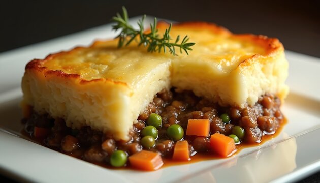 Close up of savory pie with mashed potato topping. Meat, carrots, peas fill bottom layer. Herb garnish adds fresh touch. Hearty comfort food dish served on white plate.