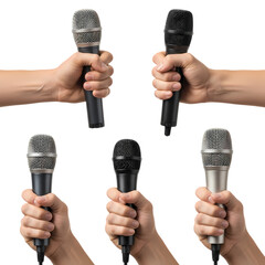 Collection of hands holding different microphones for interviews, background removal transparency