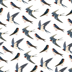 Fototapeta premium Swallow seamless pattern. Flat vector clipart, illustration with isolated background.