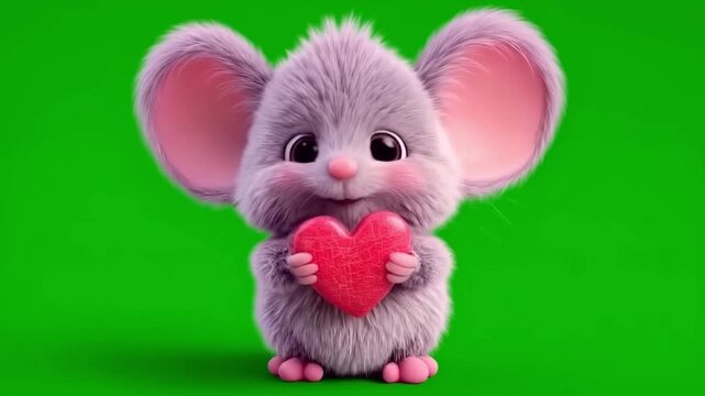 Cute little mouse with heart in hands. 3d render looped animation green screen. Saint Valentine's Day celebration, love, romantic concept. smiling character, kawaii face, cartoon style