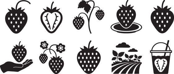 Collection of black silhouette icons featuring strawberries and related imagery strawberry fruit